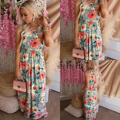 Summer Printed round Neck Sleeveless High Waist Casual Swing Dress Women