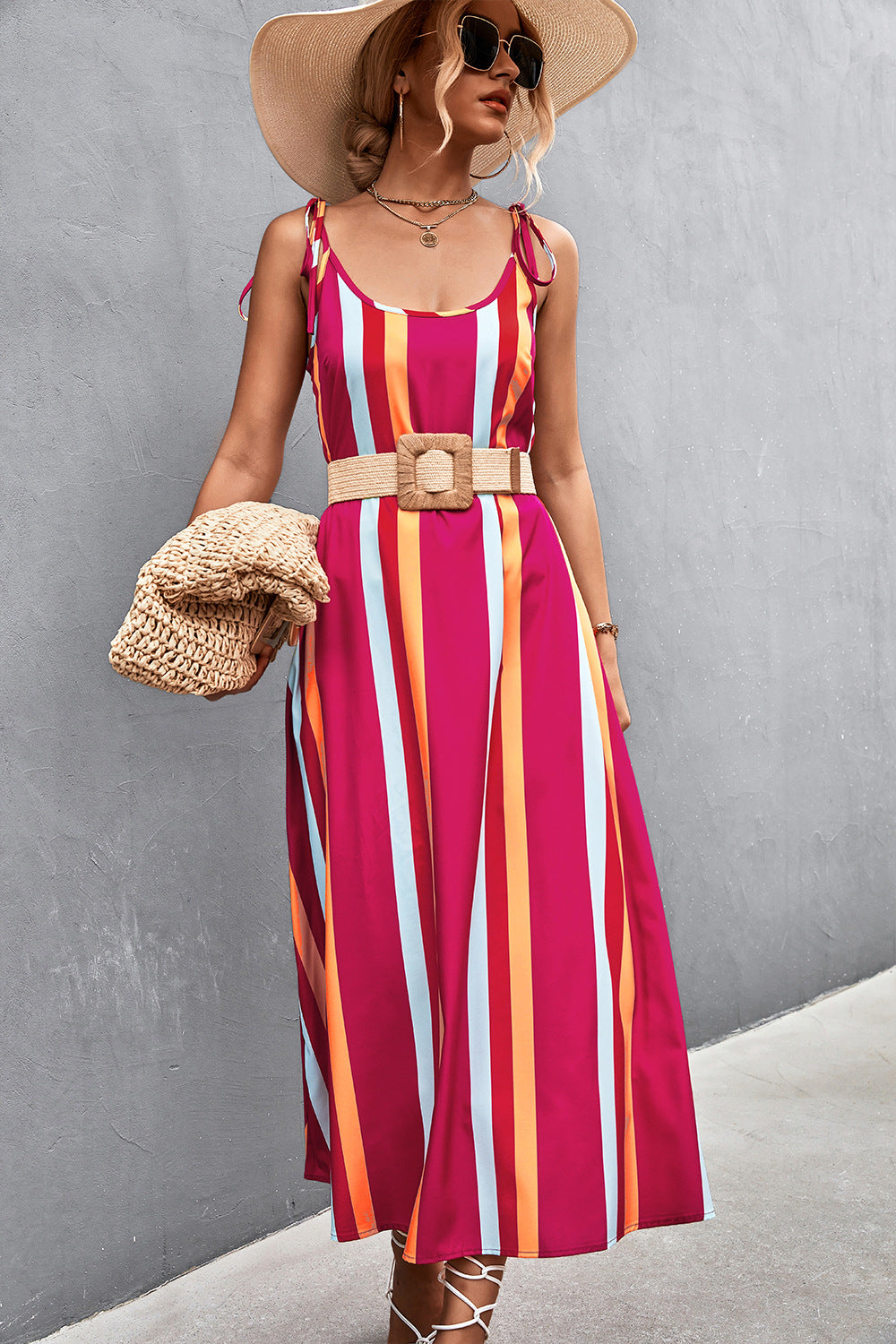 Spring Summer Sexy Backless Contrast Color Striped Spaghetti Straps Dress