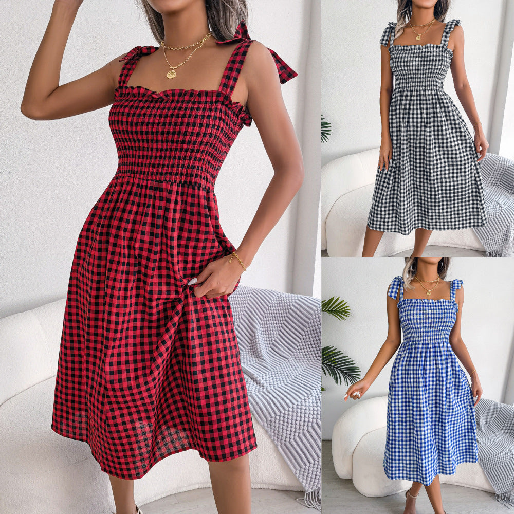 Spring Summer Casual Lace-up Contrast-Color Plaid Mid-Length Dress Women Clothing