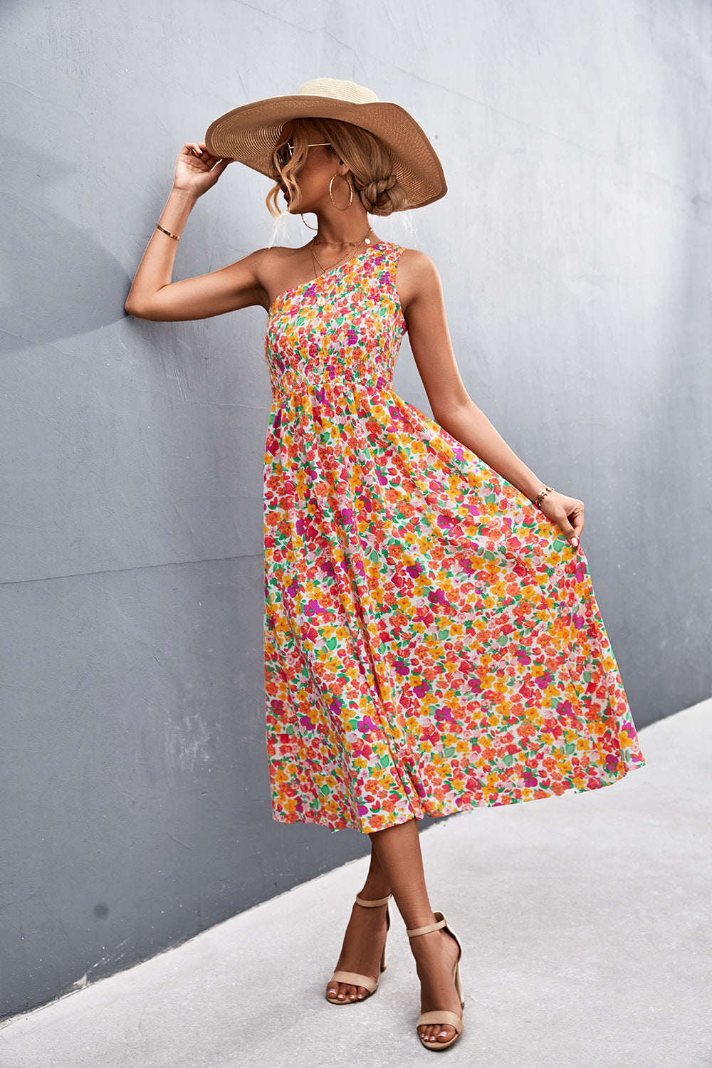 Spring Summer New Sexy Oblique Shoulder Smocking Floral Print Dress Women