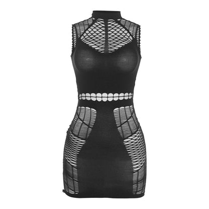 Summer Women Clothing Sexy  Mesh See through Hollow Out Cutout Slim Sheath Dress