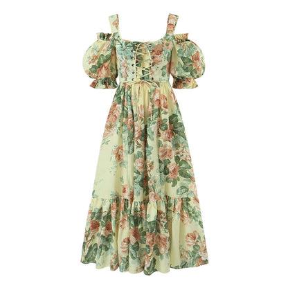 Spring Retro Strap Vest Floral Print off Shoulder Dress Two Piece Set