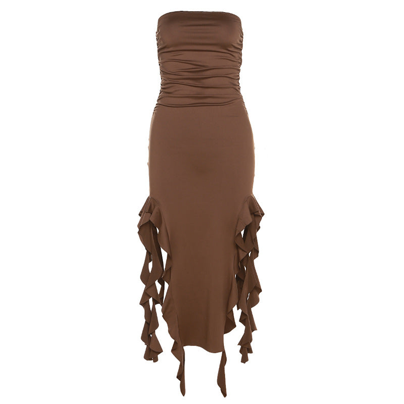 Spring Women Clothing off-Shoulder Tube Top Package Hip Slim Fit Irregular Asymmetric Dress