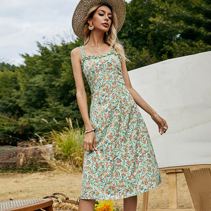 Summer Women Clothing Elegant Wooden Ear Mid Length Strap Floral Dress for Women