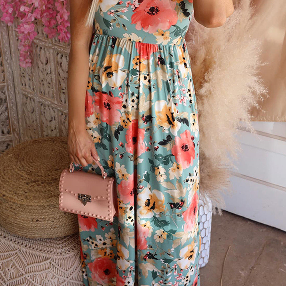 Summer Printed round Neck Sleeveless High Waist Casual Swing Dress Women