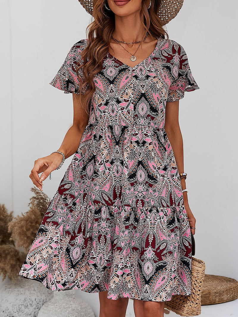 Summer Women Clothing Popular V Neck Ruffle Loose Casual Holiday Floral Print Dress
