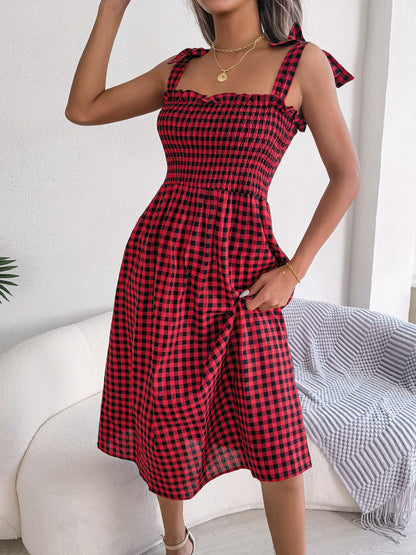 Spring Summer Casual Lace-up Contrast-Color Plaid Mid-Length Dress Women Clothing