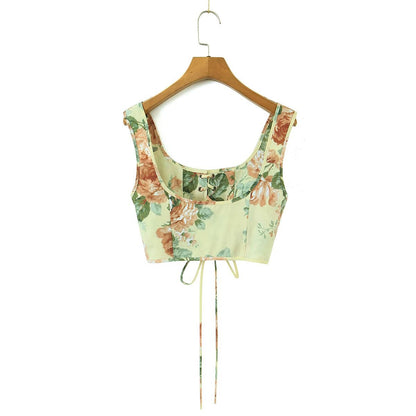 Spring Retro Strap Vest Floral Print off Shoulder Dress Two Piece Set