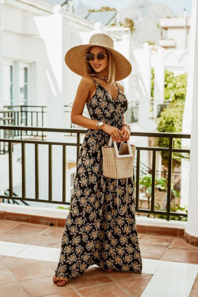 Spring Summer V neck Sleeveless Spaghetti Strap Floral Print Bohemian Maxi Dress