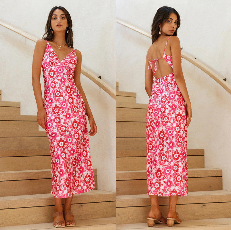 Summer Sexy Backless Spaghetti Straps V-neck Sleeveless Printed Slim Dress