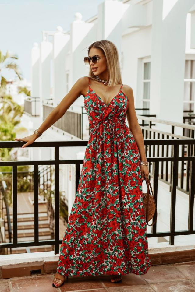 Spring Summer V neck Sleeveless Spaghetti Strap Floral Print Bohemian Maxi Dress