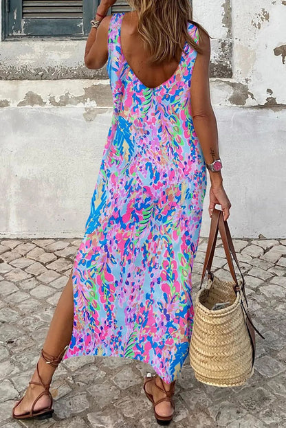 Personalized Floral Print Sleeveless Dress round Neck Pullover Ankle Length Dress