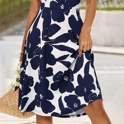 Goods Summer Women Printed round Neck Short Sleeve High Waist Dress