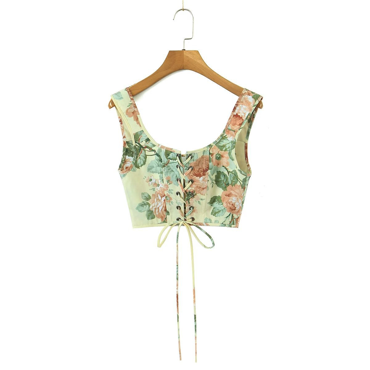 Spring Retro Strap Vest Floral Print off Shoulder Dress Two Piece Set