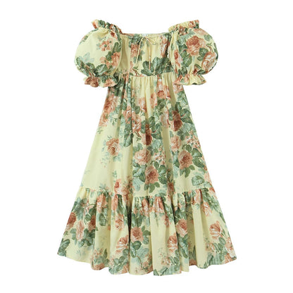 Spring Retro Strap Vest Floral Print off Shoulder Dress Two Piece Set