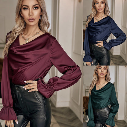 Elegant Satin Pullover with Pile Collar - Women's Autumn/Winter Shirt