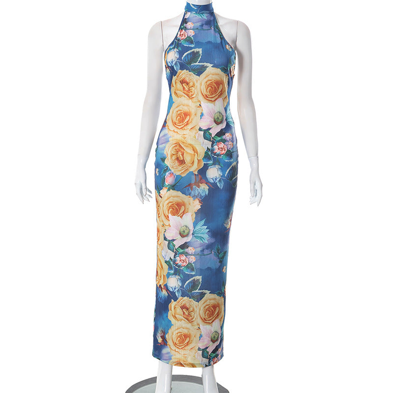 Women Clothing Summer Casual Printed Sleeveless Slim Fit Backless Mesh Halter Maxi Dress