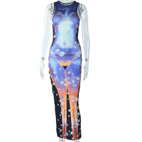 Mid Length Tight Dress Street Hipster Hollow Out Cutout round Neck Hip Pullover Print