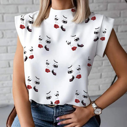 Fashion Women Elegant Lips Print Tops and Blouse Shirts 2024 Summer Ladies Office Casual Stand Neck Pullovers Eye Blusa Tops