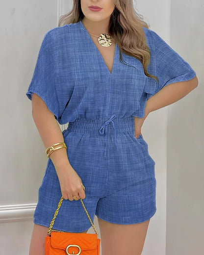 Women Elegant Sexy V Neck Romper Summer Casual short sleeve Playsuits 2023 Lady Fashion printed Elastic waist One Piece Overalls