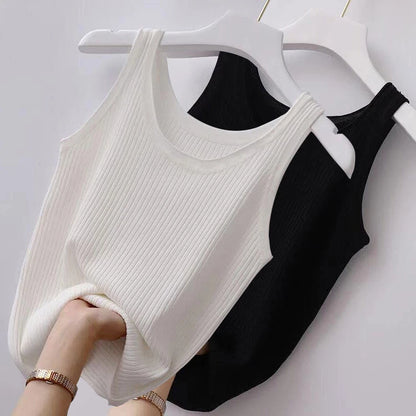 Summer Knit Vest Top sexy Sleeveless O Neck Women Camisole Pure Color Black White t-shirt Solid Color Slim Tank Top Camis Tees