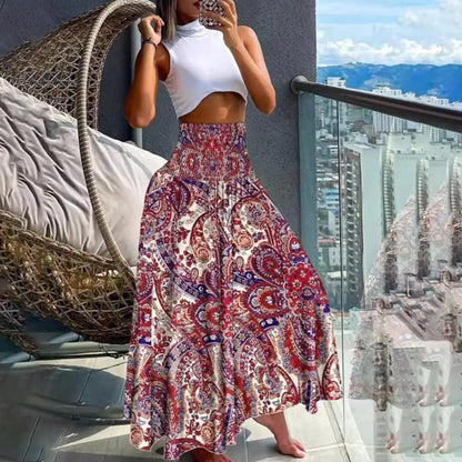 Women Maxi Skirt High Waist Wide Elastic Waist A-Line Retro Printed Skirt Summer Loose Fit Long Skirt Streetwear Платье Maxi