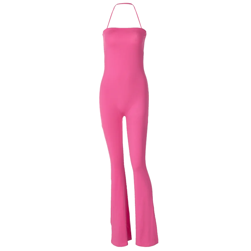 Hugcitar 2024 Spring Halter Solid Sleeveless Backless Sexy Bodycon Flare Pants Jumpsuit Women Casual Rompers Streetwear Festival