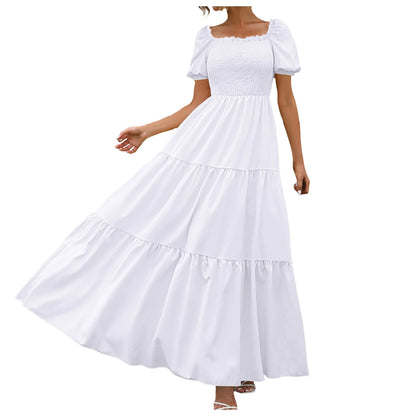 Women's Boho Loose Long Dress Crew Neck Short Sleeve Ruffle Hem A Line Flowy Maxi Dresses Female Summer Casual Holiday Dress