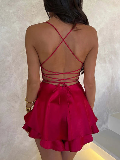 Women Sexy Cross Tie-Up Backless Cami Playsuits Cowl Neck Sleeveless Short Jumpsuits Summer Solid Color Romper Club Streetwear