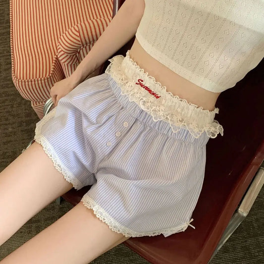 Sexy Cute Summer Striped Shorts Blue Pink Button Elastic Waist Shorts Lolita Lace Leggings For Women Girl