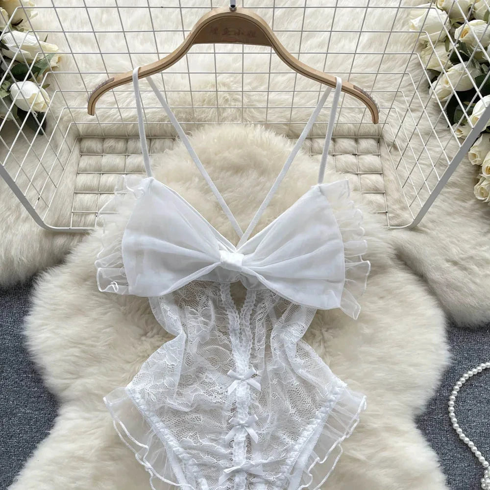 Underwear Sexy Camis Bodysuits Women Bow Hollow Out Fashion Open crotch Slim Playsuit Summer Singeric Lace Rompers Lingerie hot