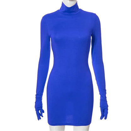 Sexy Women's Bodycon Dresses Long Sleeve Dress Women Mini Dress with Gloves Solid Half Turtleneck Dress Spring Autumn Party Club