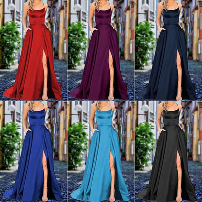 Women's Banquet Slit Long Dress 2024 New Bridesmaid Dress With Small Tail Suspender Solid Color Banquet Evening Dress Long Dress