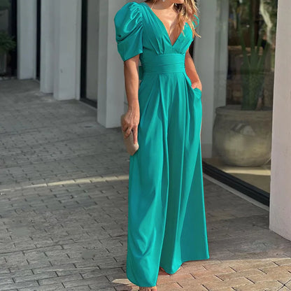 Women's Solid Color Short Sleeved Jumpsuit With V-neck Backless Waisted 2023 Elegant Casual Fashion Women's Wide Leg Jumpsuit