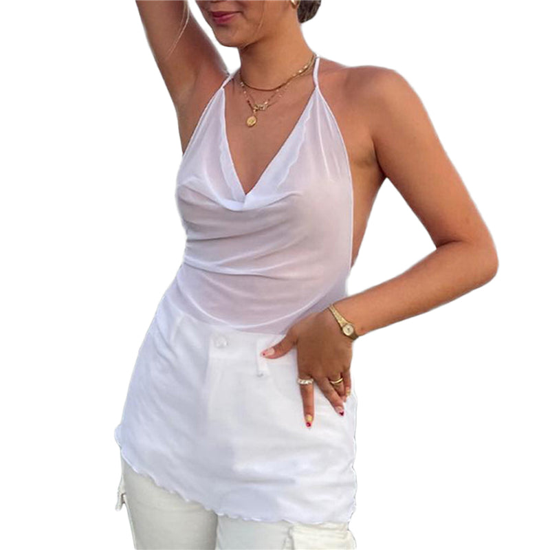 Xingqing Sexy Women Beach Cover Up Halter Dress Solid Color See Through Sleeveless Backless Bandage Mini Dresses Summer Sundress