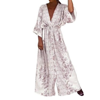 2024 Boho Print Half Sleeve Long Dress Women Fashion Japanese Kimono Lace-Up Robe Summer Sundress Holiday Beach Dress Vestidos