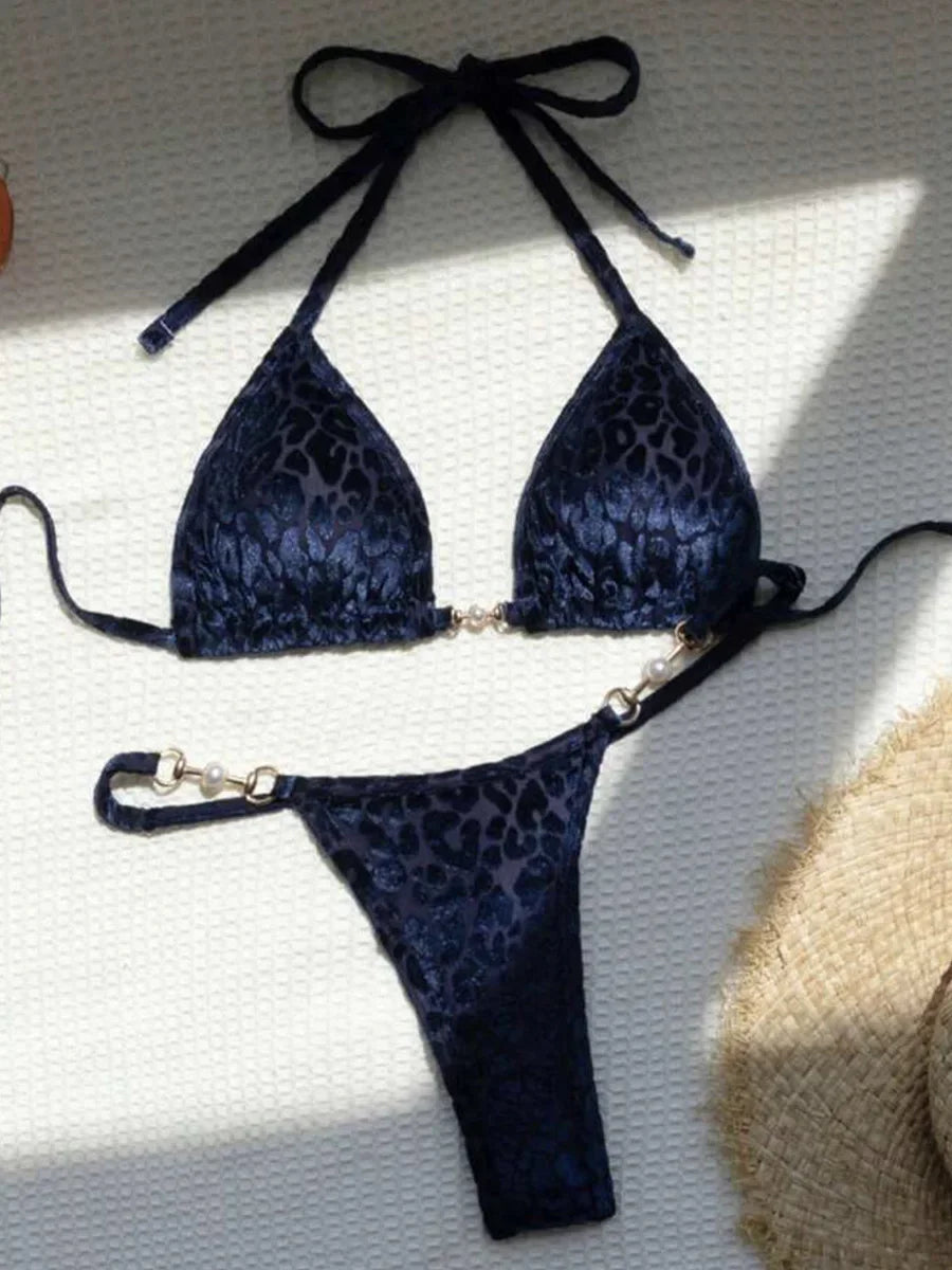 Sexy Leopard Velvet Bikini Mini Micro Thong Bikinis Women Swimwear Female Swimsuit Two-piece Bikini Set Halter Bathing Suit Swim