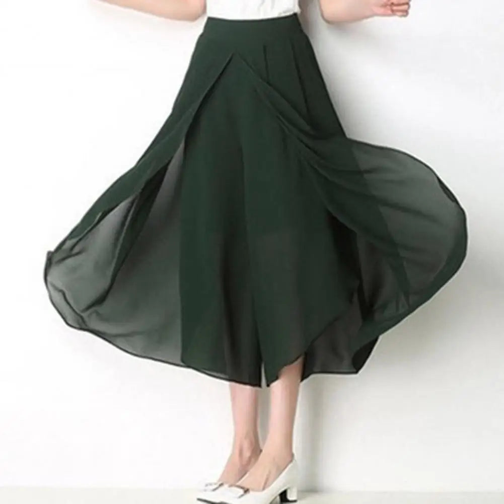 Women Skirt Pants See-through Chiffon Double Layers Split Hem High Elastic Waist Loose Wide Leg Mid-calf Length Cropped Pants