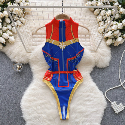 SINGREINY Sexy Sleeveless Print Bodysuits Japan Style Women Half High Collar Playsuits Zipper Summer Sheath Lingerie Swimsuits