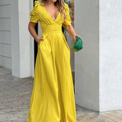 Women's Solid Color Short Sleeved Jumpsuit With V-neck Backless Waisted 2023 Elegant Casual Fashion Women's Wide Leg Jumpsuit