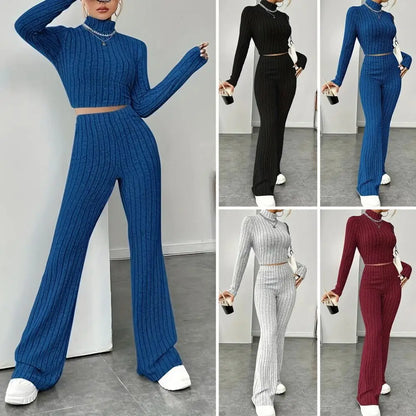 2Pcs/Set Women Knitting Outfit Turtleneck Long Sleeve Cropped Tops High Waist Flared Pants Slim Fit Ribbed Winter Outfit