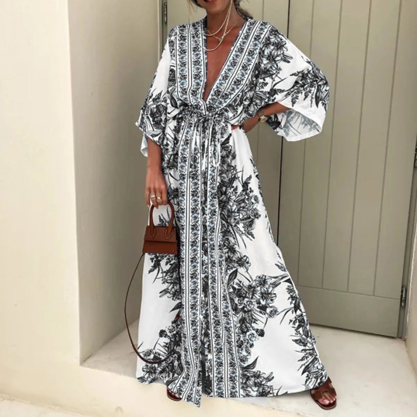 2024 Boho Print Half Sleeve Long Dress Women Fashion Japanese Kimono Lace-Up Robe Summer Sundress Holiday Beach Dress Vestidos