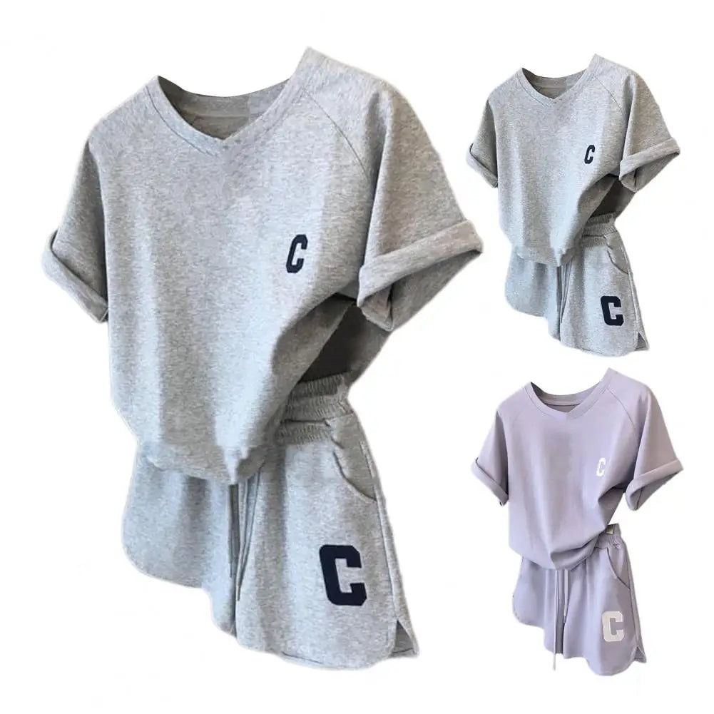 2 Pcs/Set Summer Women Tracksuit Pure Color Letter Print O Neck Top Shorts Set Short Sleeve Drawstring Elastic Waist Lady Outfit