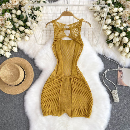 SINGREINY Yellow Sleeveless Jumpsuit Women Hollow Out O Neck Elegant Stretch Transparent Ladies Casual Summer Slim Rompers