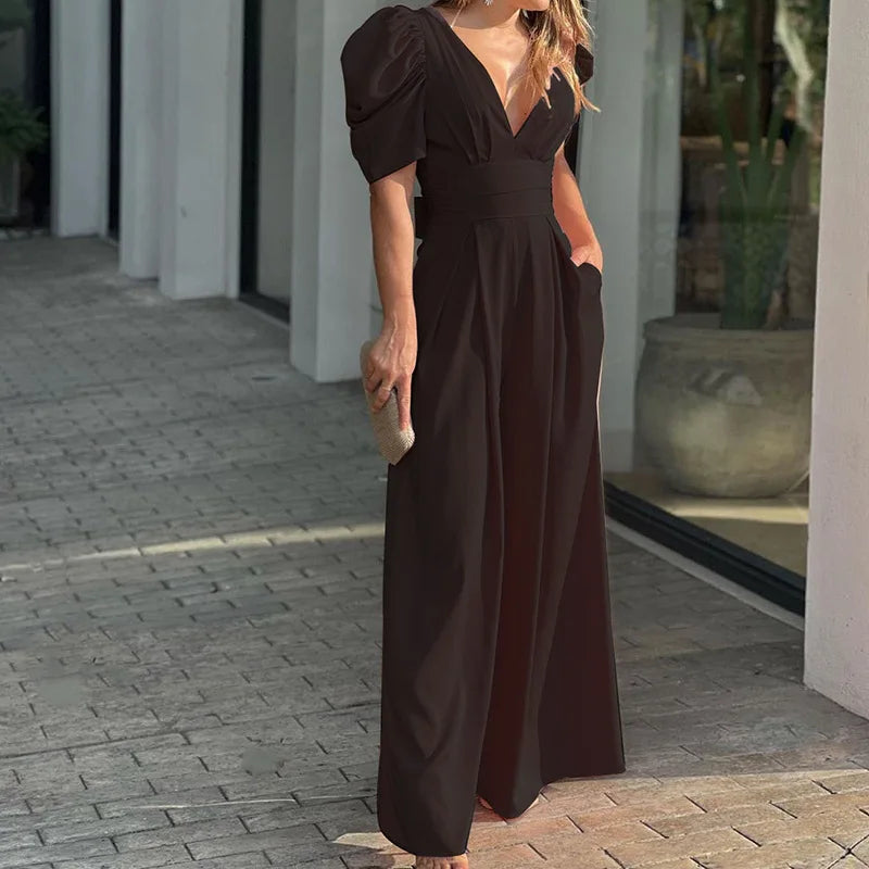 Women's Solid Color Short Sleeved Jumpsuit With V-neck Backless Waisted 2023 Elegant Casual Fashion Women's Wide Leg Jumpsuit