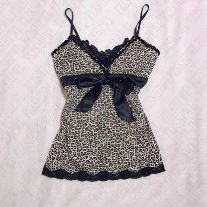 Y2k Crop Top Women Gothic Leopard Printed Hip Hop Tank Top Lace Bow Sexy Sleeveless Streetwear EMO Girl Vintage Summer Punk Vest