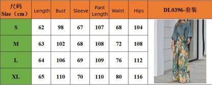 2024 Summer New Women's Clothing Set Lantern Sleeves Loose Top Printed Wide Leg Pants Two Piece Set Casual Ladies Trouser Outfit