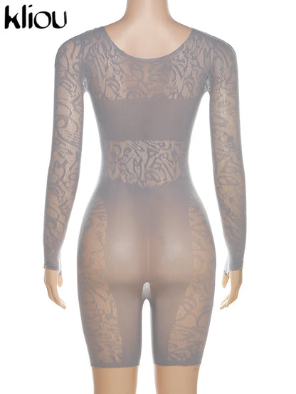 Kliou Mesh Hollow Out Diamond Short Stocking Lingerie Women Sexy O Neck Full Sleeves Body-shaping Romper Ladies Clubwear Overall