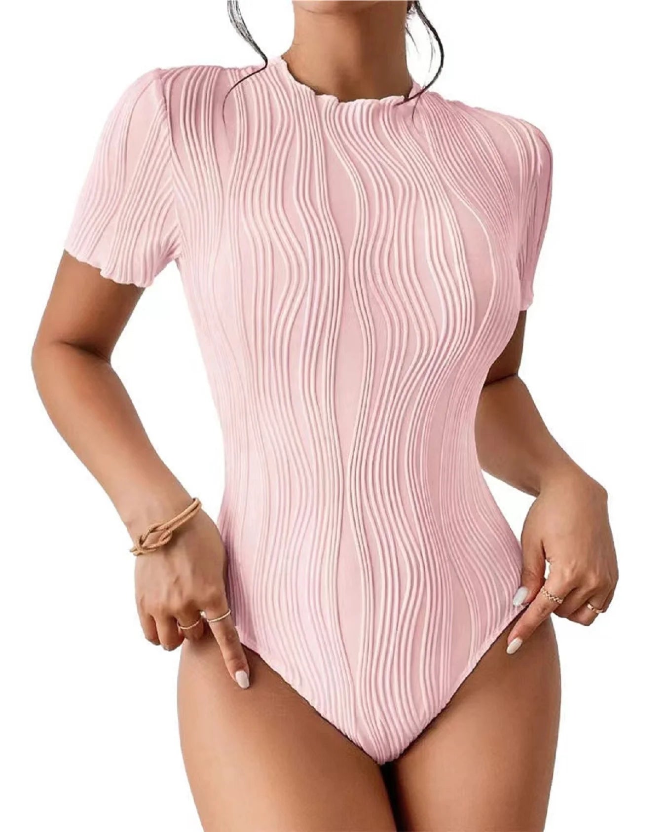 Solid Textured Crew Neck Bodysuit, Elegant Short Sleeve Slim Bodysuit, Women's Clothing