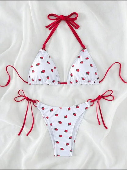 Sexy women cute strawberry print halter string micro bikini sets two pieces swimsuit Swimwear bathing suit beach outfits biquini